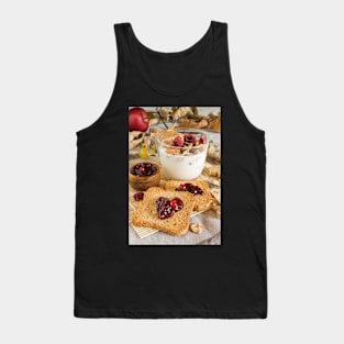 autumnal food background with milk, cereal, rusks and wildberries jam, cornflakes Tank Top
